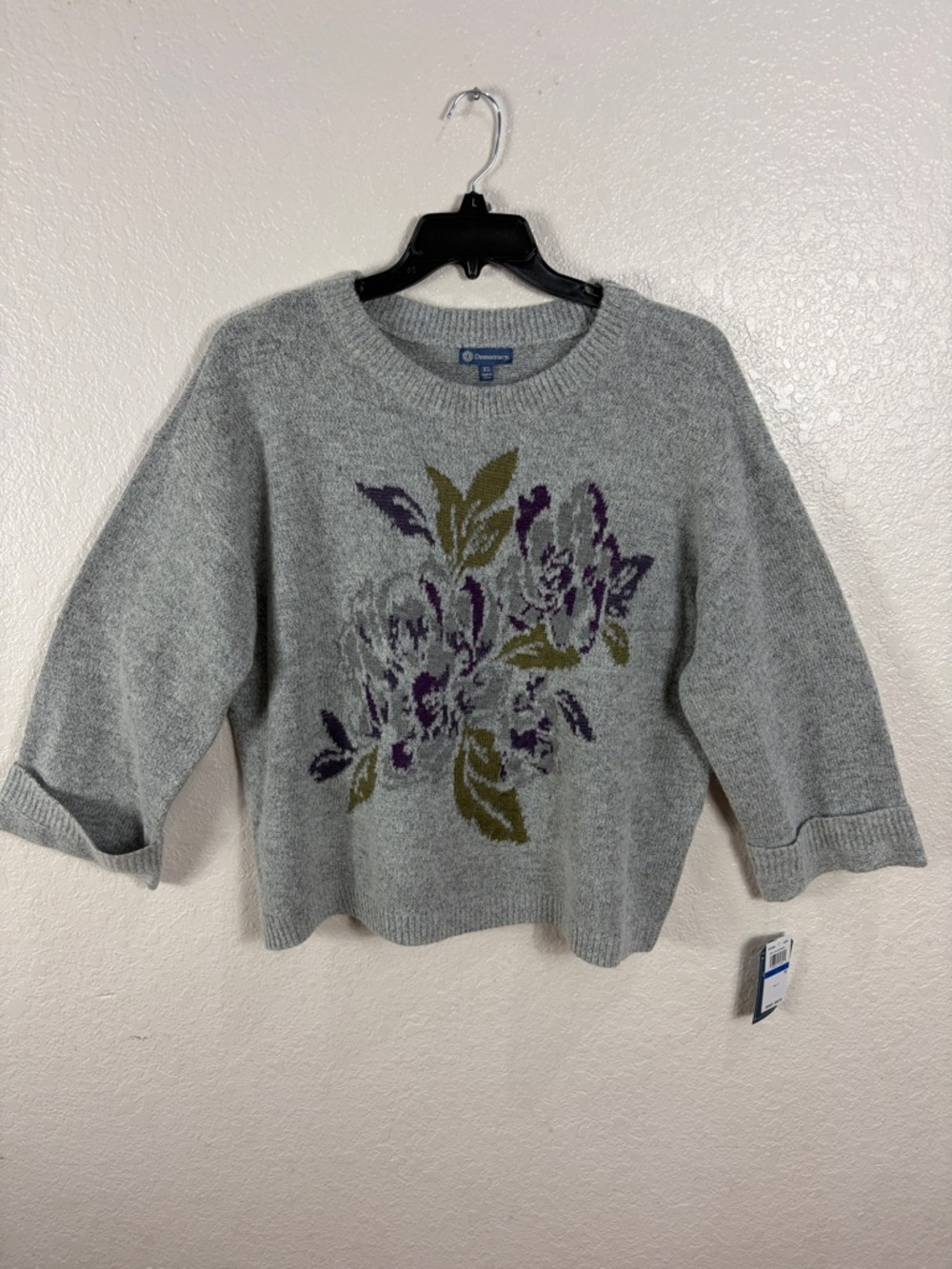Democracy,Size XL,Women’s Gray Floral Crewneck Sweater - Picture 1 of 17